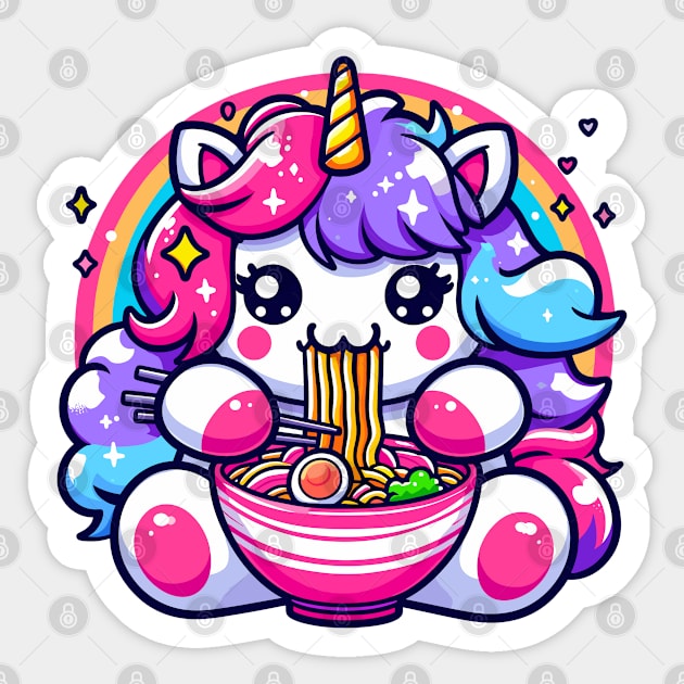 Rainbow Unicorn Eating Ramen Sticker by JessArty